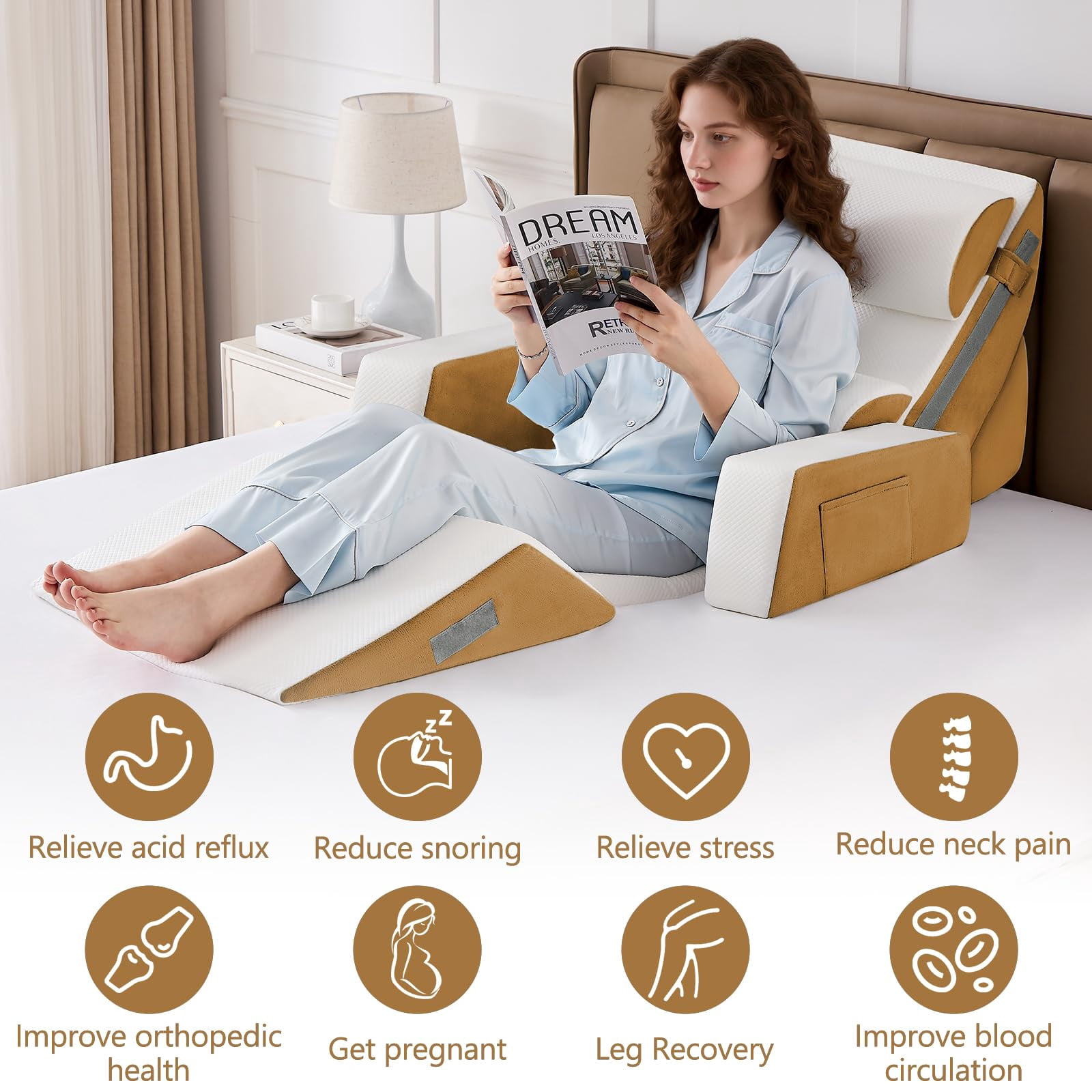 9pcs Bed Wedge Pillow Set For Sleeping  And Leg Foam Body Triangle Adjustable Support - Acid Reflux Pillows Brown