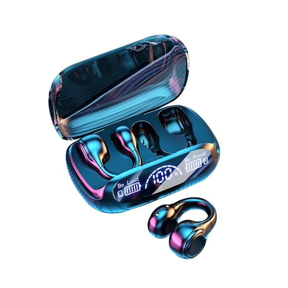 Open Ear Bone Conduction Headphones, Clip On Earbuds with Digital Display Charging Case 6 Hours Playtime IPX5 Waterproof Sports Headphones for Running, Walking, Workout