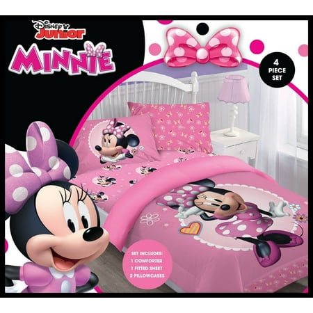 Disney 4pc MINNIE MOUSE Bowtiful Dreamer Bedding Set, Licensed Full Comforter W/Fitted Sheet And