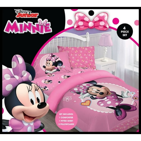 Disney 4pc MINNIE MOUSE Bowtiful Dreamer Bedding Set, Licensed Full Comforter W/Fitted Sheet And Pillowcases