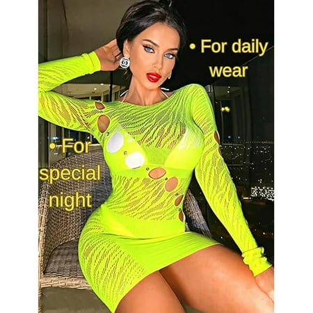 Babydoll Dress for Women  See Through Lingerie  Rhinestone Cut Out One Piece Bodysuit  Women s Sexy Transparent Mesh Dress  Fishnet Lingerie Set  Yellow