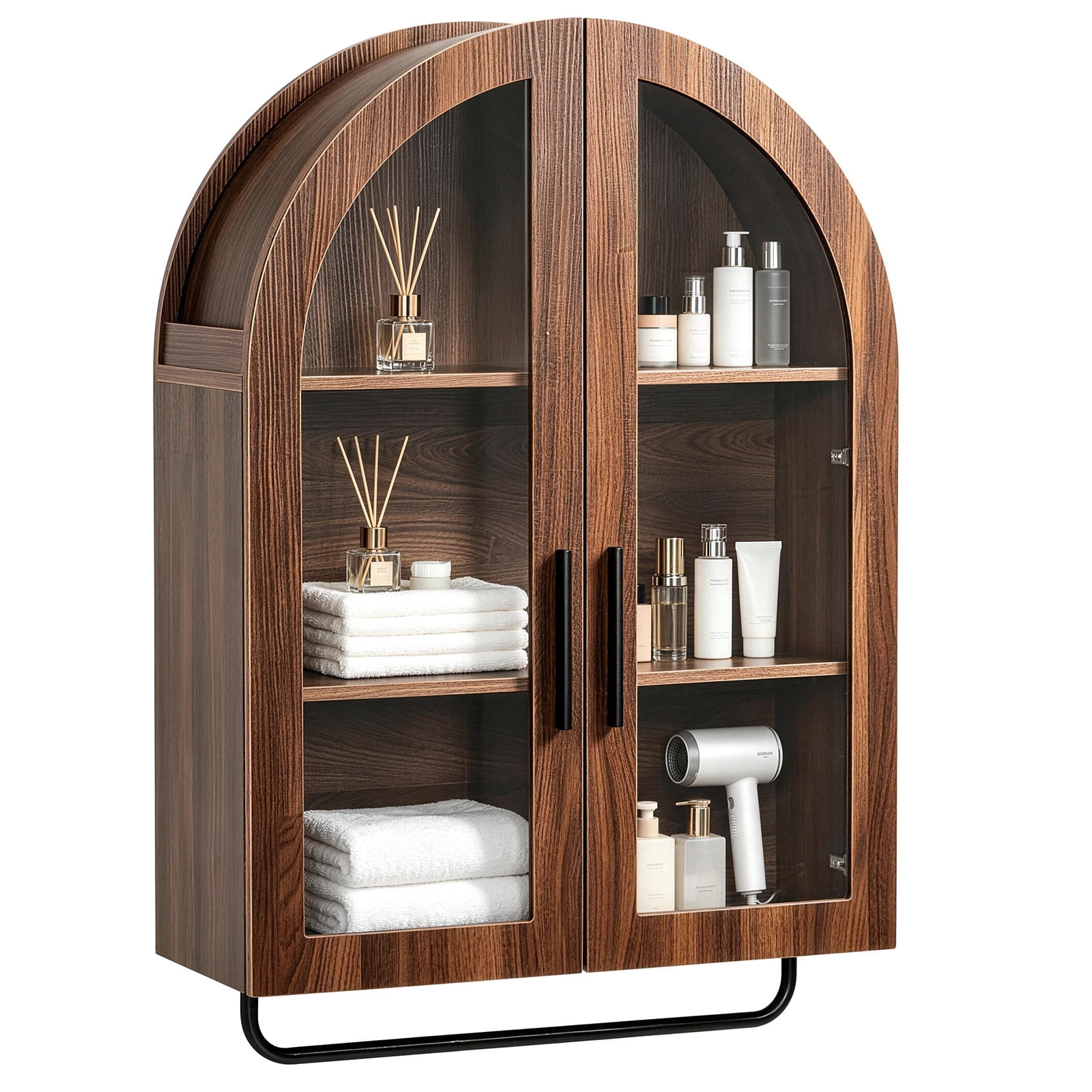 Arched Ceiling 2 Glass Doors 3 Shelves Bathroom Vanity MDF Melamine-Faced Bathroom Vanity with Towel Bar, Walnut 23.62*9.45*31.5in