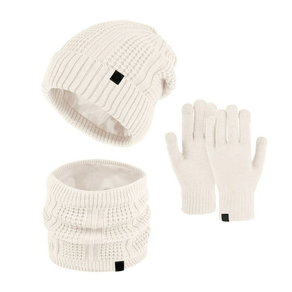 1PC Hat, 1PC Scarf, 1PC Gloves Beige Polyester Women&Men Autumn Winter Warm Cute Wool Hat Scarf Gloves Slouchy Three Pieces Winter Snow Knit Cap Screen Mittens Scarves Sets