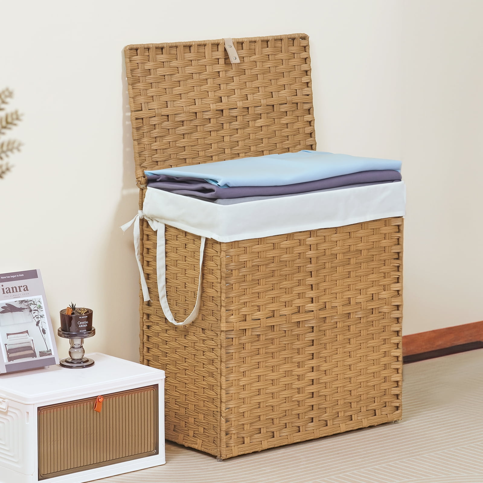 ZUNMOS Laundry Hampers No Installation Required, Divided Clothes Hampers with Removable Liners, 110L Hand-Woven Synthetic Rattan Laundry Hampers with Lids and Handles, Collapsible, Natural