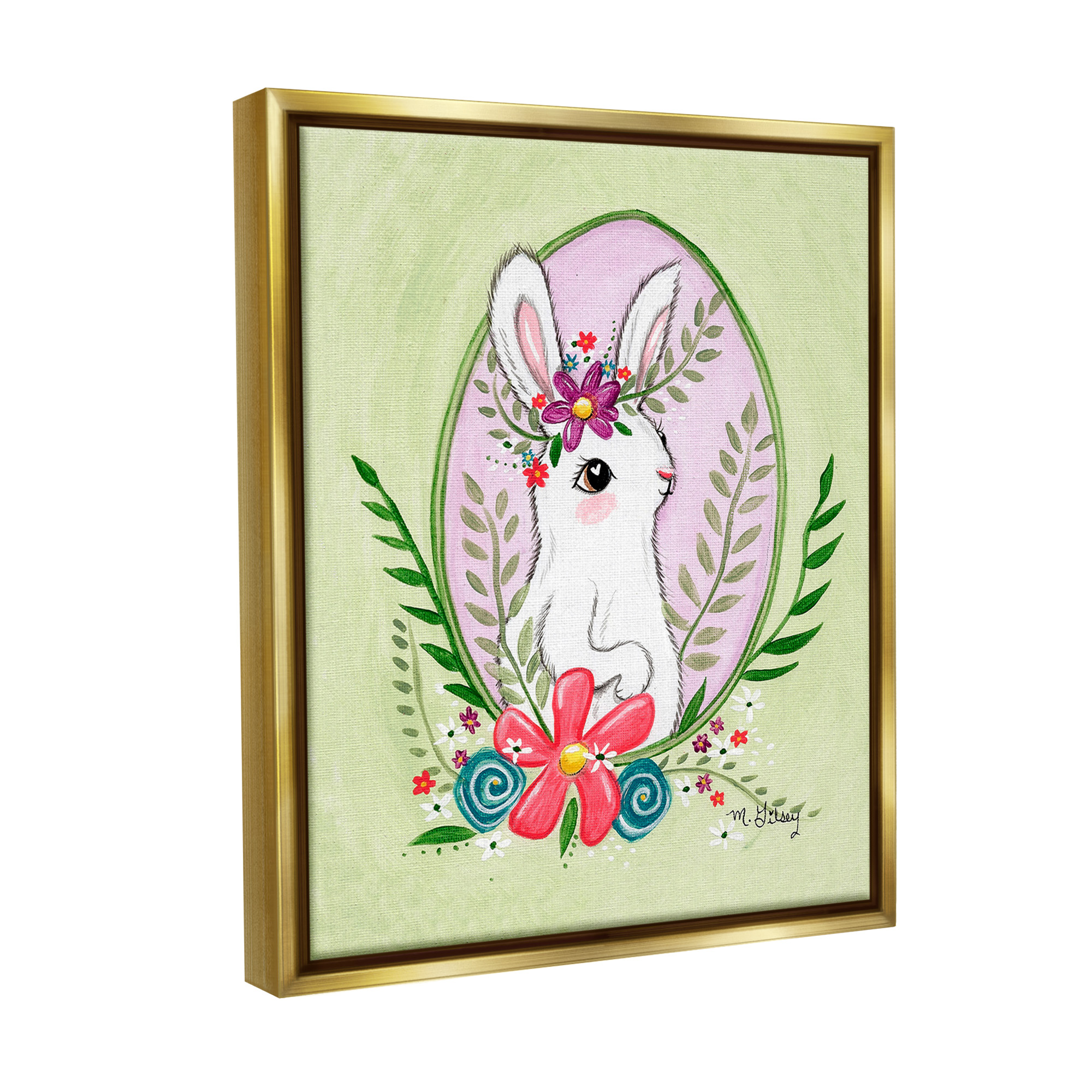 Stupell Industries Spring Bunny & Blossom Animals & Insects Painting Gold Floater Framed Canvas Art Print Wall Art, 25 x 31