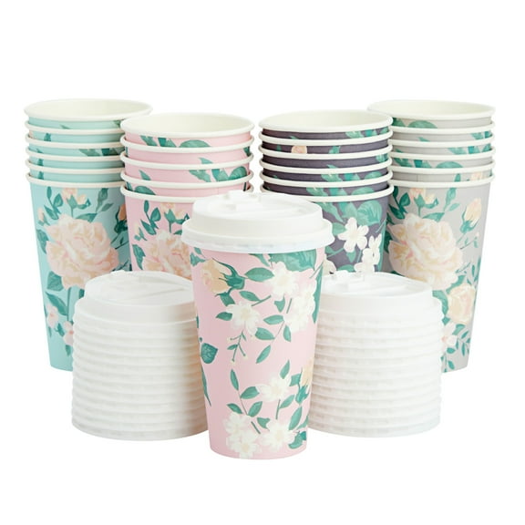 24 Pack Disposable Floral Paper Coffee Cups with Lids 16 oz, To Go Coffee Cups for Flower-Themed Birthday Party Supplies, Wedding Reception, Baby Shower (4 Pastel Colors)
