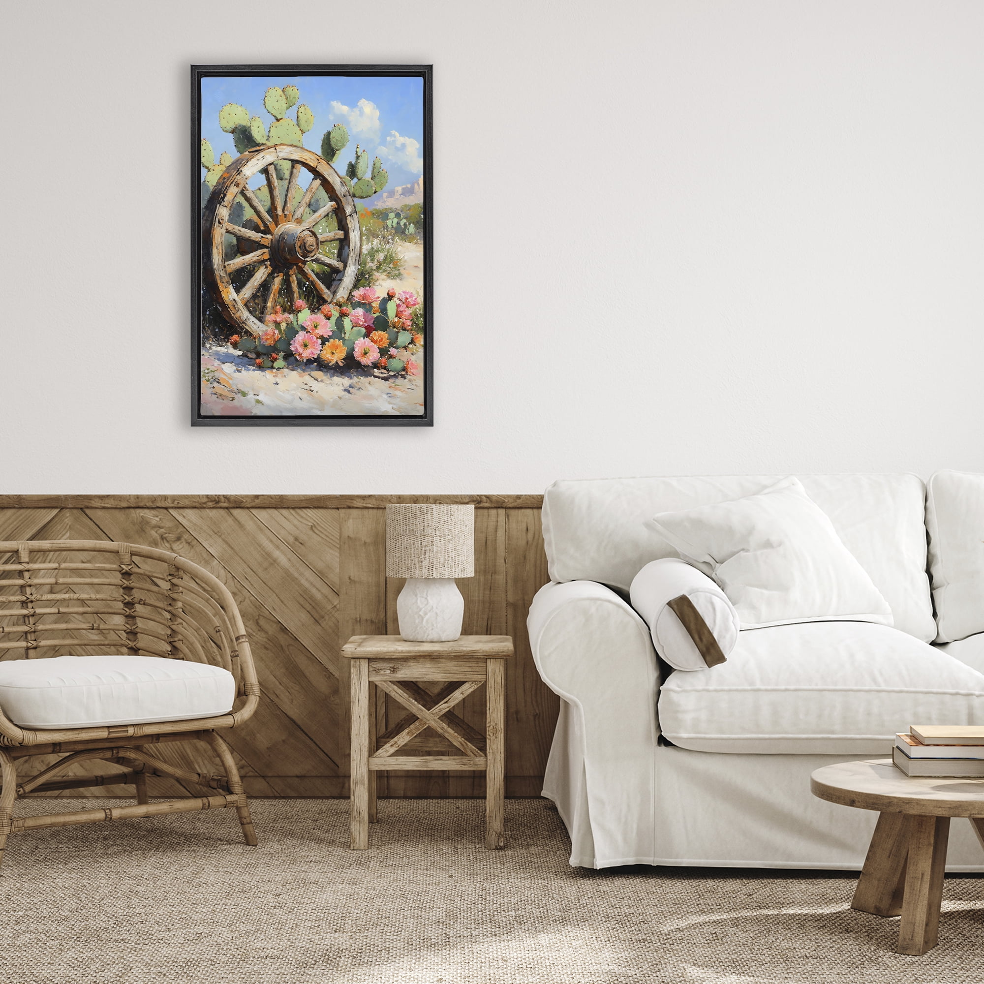 Stupell Industries Wagon Wheel Among Cactus Black Framed Floater Canvas Wall Art, design by Franklyn Gregory