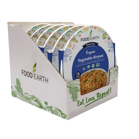 Food Earth -Organic Vegetable Biryani Ready to Eat Indian Meal , 100% Organic, Vegan, Gluten-Free, Heat & Serve,8.81 oz, 6 units Shelf Stable