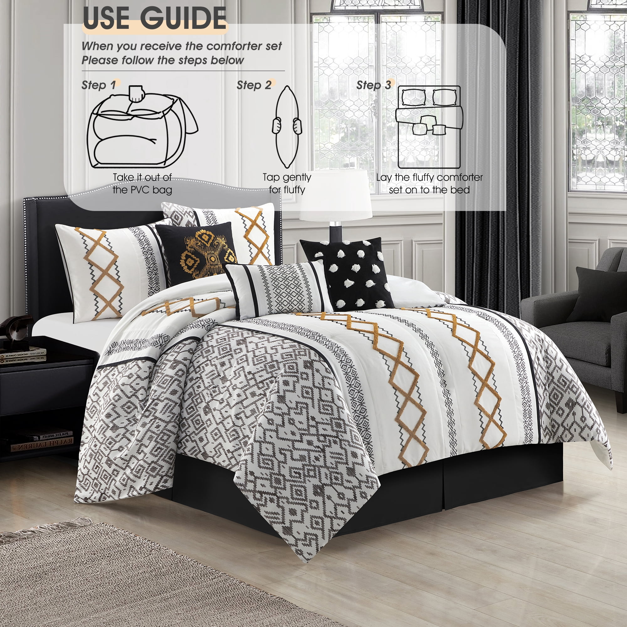 Lanco Luxury Black Gold Comforter Set Queen Size , 7 Piece Terry embroidery, All Season Bedding Set