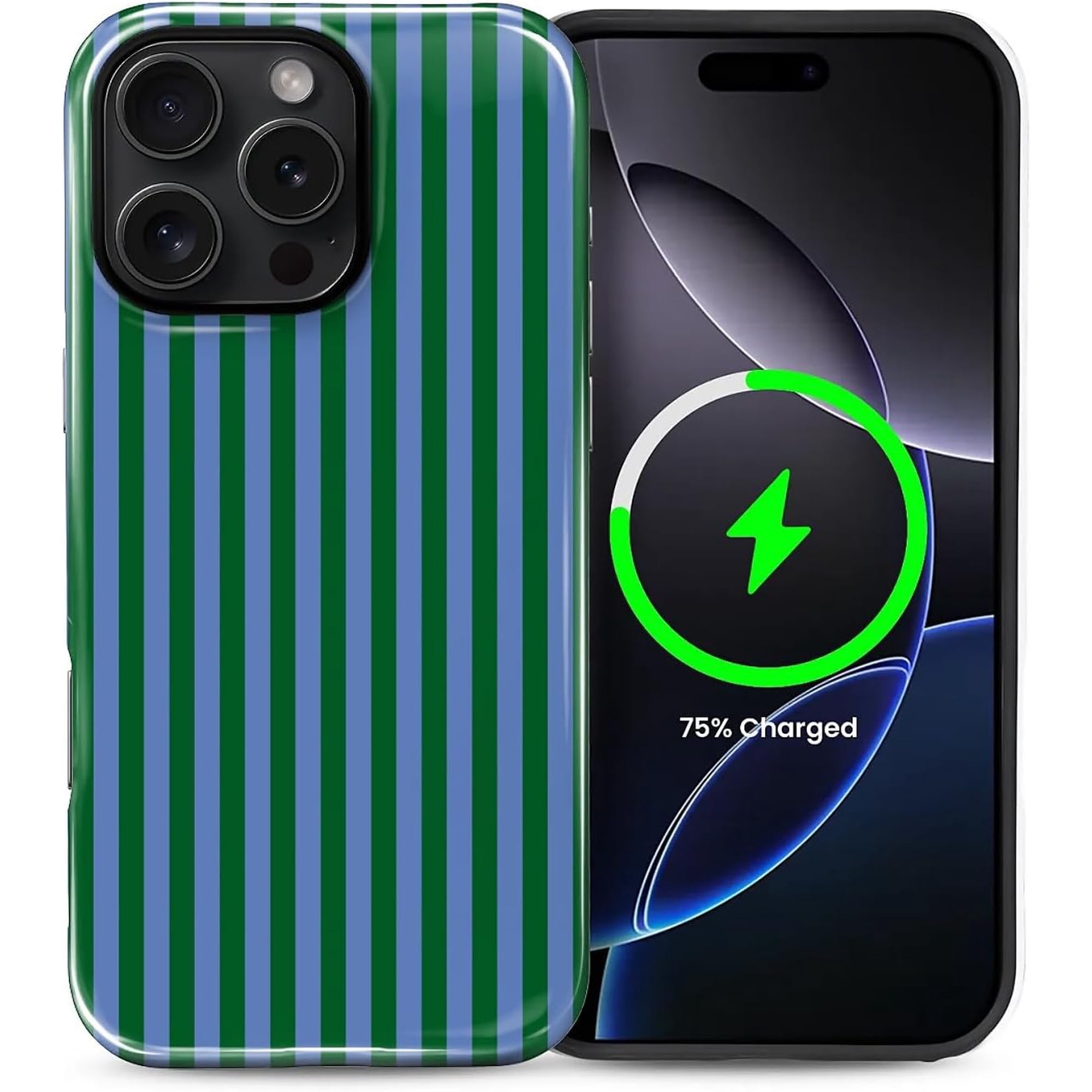 for iPhone 16 Pro Case, Compatible with MagSafe, Cute Fashion Striped Aesthetic Retro Design for Women Girls, Soft TPU Durable Protection Case for iPhone 16 Pro-Green and Blue
