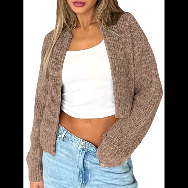 Cárdigan Holgado de Cuello Redondo, Larga, con Cremallera Frontal, para Mujer, Moderno Suéter de Punto con Cremallera, Abrigos de Otoño. Color Café L