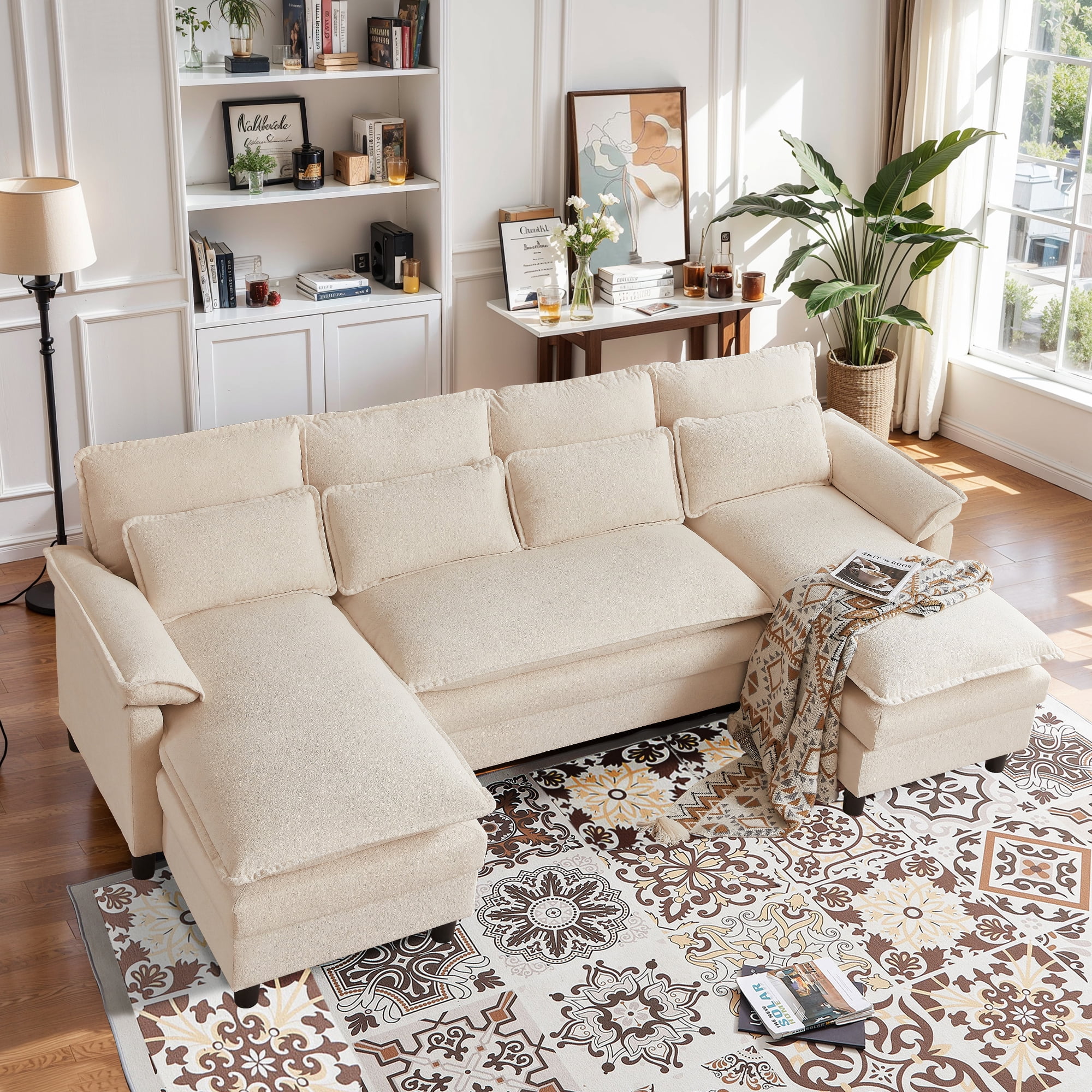 Pingliang Home Oversized U Shaped Couch,4 Seat Sectional Sofa with 4 Pillows,Upholstered Symmetrical Cloud Couch with Double Chaise,Wrap Around Sofa Modular sofa for Living Room Apartment Office