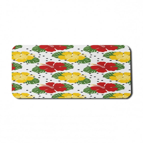 Tropical Computer Mouse Pad, Illustration of Exotic Foliage with Grunge Polka Dots and Hibiscus Flowers, Rectangle Non-Slip Rubber Mousepad X-Large, 35" x 15", White Multicolor, by Ambesonne