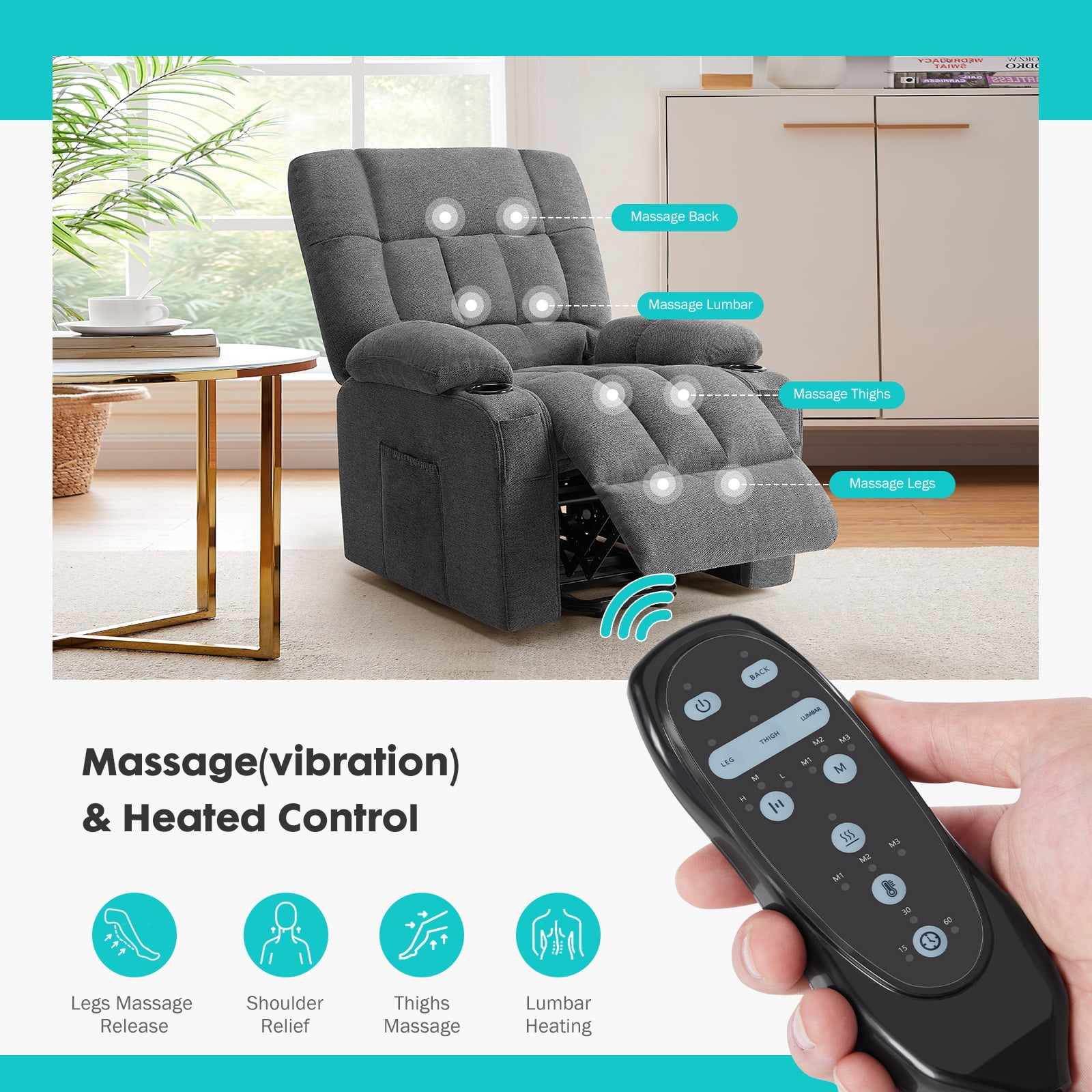 GIANNA Recliner Chair with Vibrating Massage and Heating, Adjustable Electric Power Lift Chair with Remote Control, For Living Room, Gray