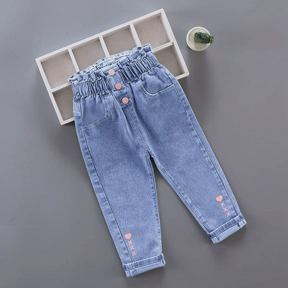 HAOTAGS Jeans for Toddler Girls(2-6)Cute Graphic Elastic Waist Casual Soft Cotton Pants Blue Size 5 Years