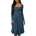 thumbnail image 2 of Taylonsss Women's Elegant Long Sleeve Square Neck Fitted Waist Slim Solid Midi Dress in Polyester-Spandex for Versatile Office and Casual Wear, 2 of 5
