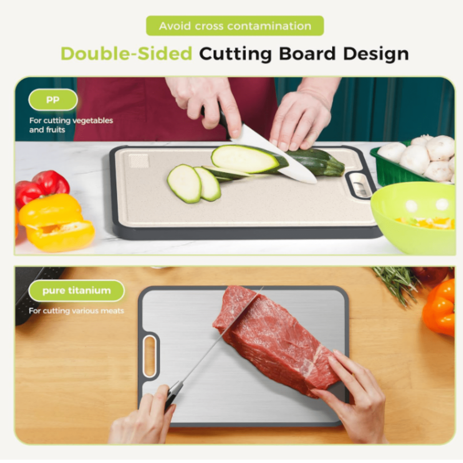 Titanium Cutting Board for Kitchen, Cutting Board Double Sided Food Grade, Pure Titanium/PP, Easy to Clean Large Size 16”×11”