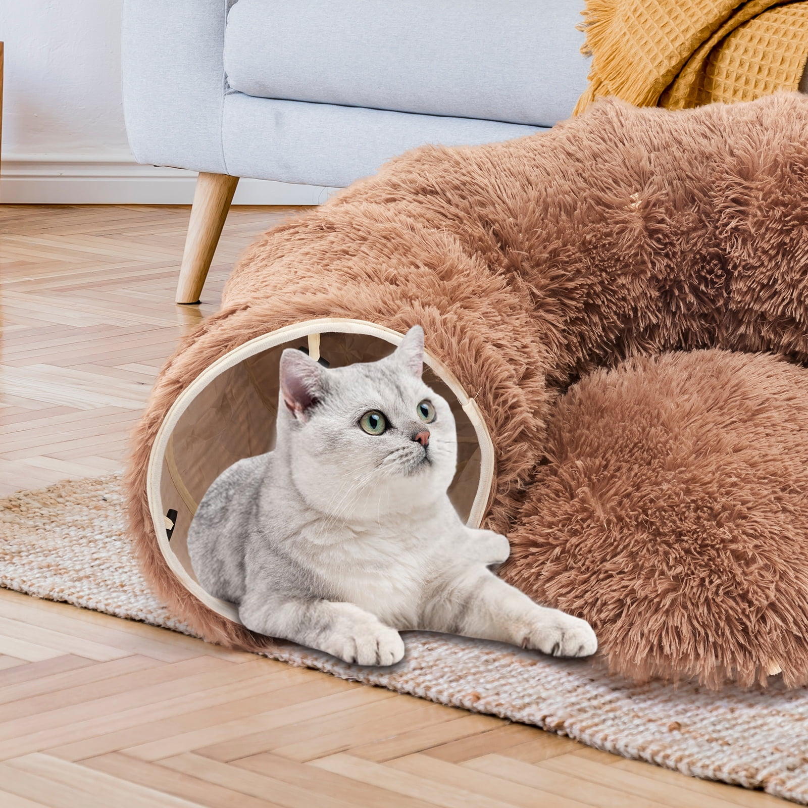 LIFERECORD Cat Tunnel with Cat Bed for Indoor Cats, Under Christmas Tree Soft Plush Peekaboo Cat Cave Donut Tunnel, Multifunctional Playground Toys Hideplace for Kittens, Rabbit - Brown