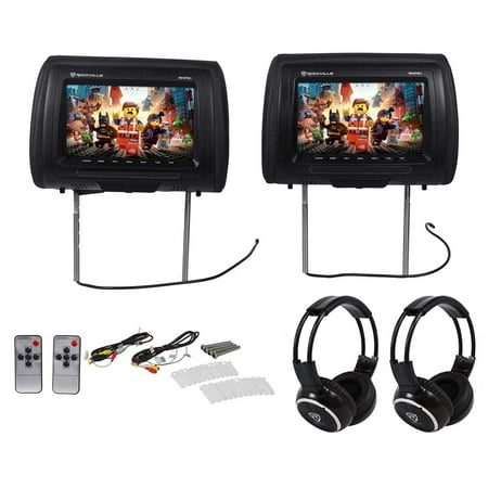 Contoured Headrest - Rockville RHP91-BK 9” Digital Panel Black Headrest Monitors+Wireless Headphones
