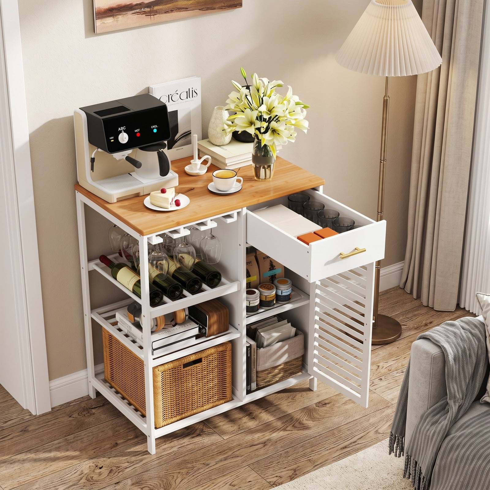 Furnibear Coffee Bar Cabinet with Wine Rack, Glass Holder and Bamboo Top, Farmhouse Buffet Sideboard Storage Cabinet with Drawer and Slatted Shelves for Kitchen, White