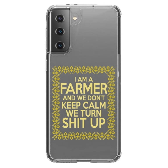 DistinctInk Clear Shockproof Hybrid Case for Galaxy S21  PLUS 5G (6.7" Screen) - TPU Bumper Acrylic Back Tempered Glass Screen Protector - I'm a Farmer and We Don't Keep Calm