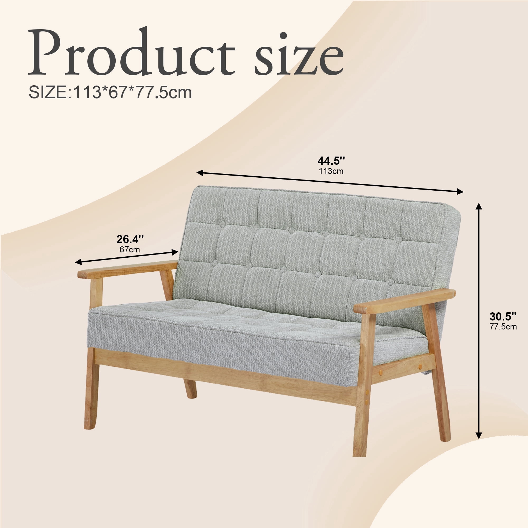 2-Seater Modern Sofa with Button Tufting, Solid Pine Wood Frame & Soft Fabric, Compact Loveseat for Living Room, Apartment, Dorm (Gray)