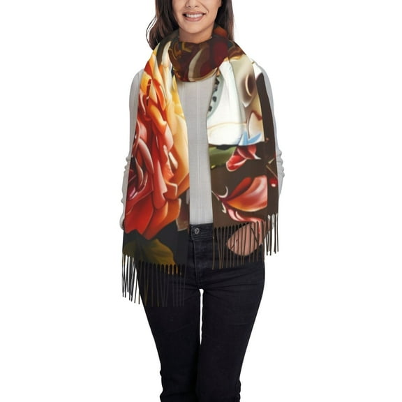 Gaeub Rose Floral Skull Print Tassel Scarf,Wraps Scarves for Women,Winter Scarf,Cold Weather Shawls,Ideal for Travel