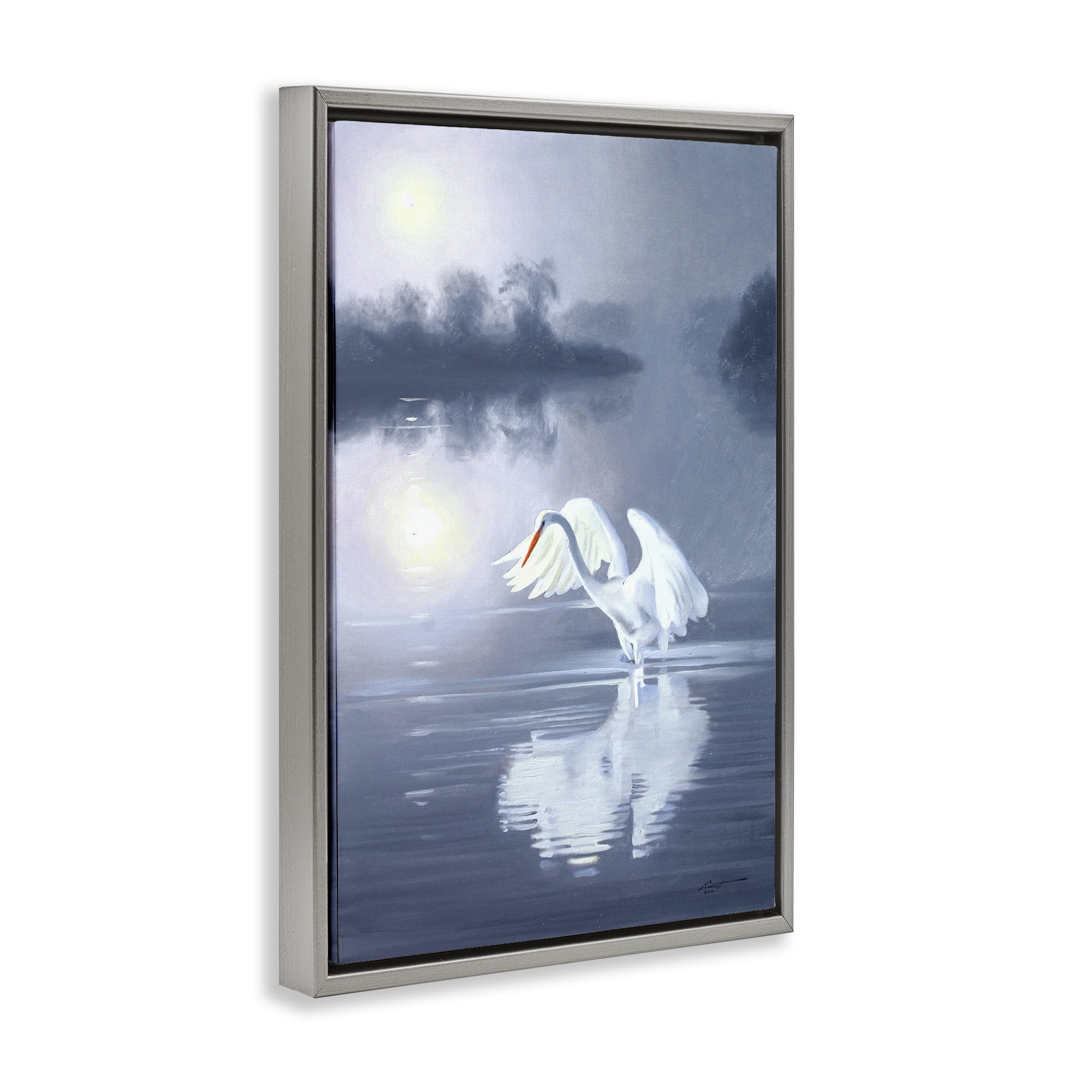 Stupell Industries Egret on Stormy Waters Animals & Insects Painting Gray Floater Framed Canvas Art Print Wall Art, 17 x 25