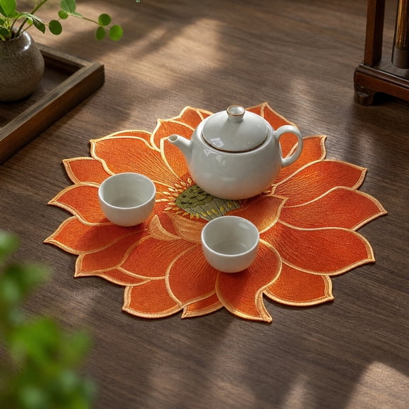 Loyisod Lotusing Flower Placemat Embroidered Cut Out Placemat Plates Mat Coffee Table Dining Mat Insulated Dining Table Mat Decoration Mat