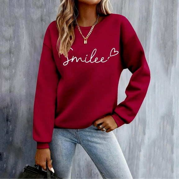 Royisotas Long Sleeve Sweatshirts for Women Winter Letter Print Pullover Loose Fit Casual Crew Neck Hoodless Tops