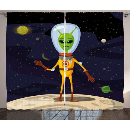 Image of Alien Curtains 2 Panels Set Ufo Cartoon of Funny Creature in Spacesuit Standing on the Moon and Space Backdrop Window Drapes for Living Room Bedroom 108 W X 63 L Multicolor by Ambesonne