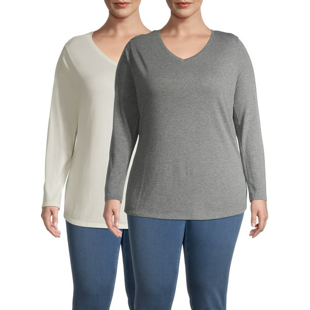 Terra & Sky Women's Plus Size Long Sleeve Everyday Essential V-Neck T-Shirt,  2-Pack - Walmart.com
