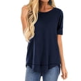 thumbnail image 4 of stanreset Women T-shirt Solid Color Stitching Top Asymmetrical Hem Blouse, Navy Blue, XXL, 4 of 6