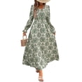 thumbnail image 2 of Robe Maxi à Imprimé Floral pour Femmes, Col en V, Manches Longues, Enveloppante, Décontractée, Automne, Plage, Verte, P, 2 of 9