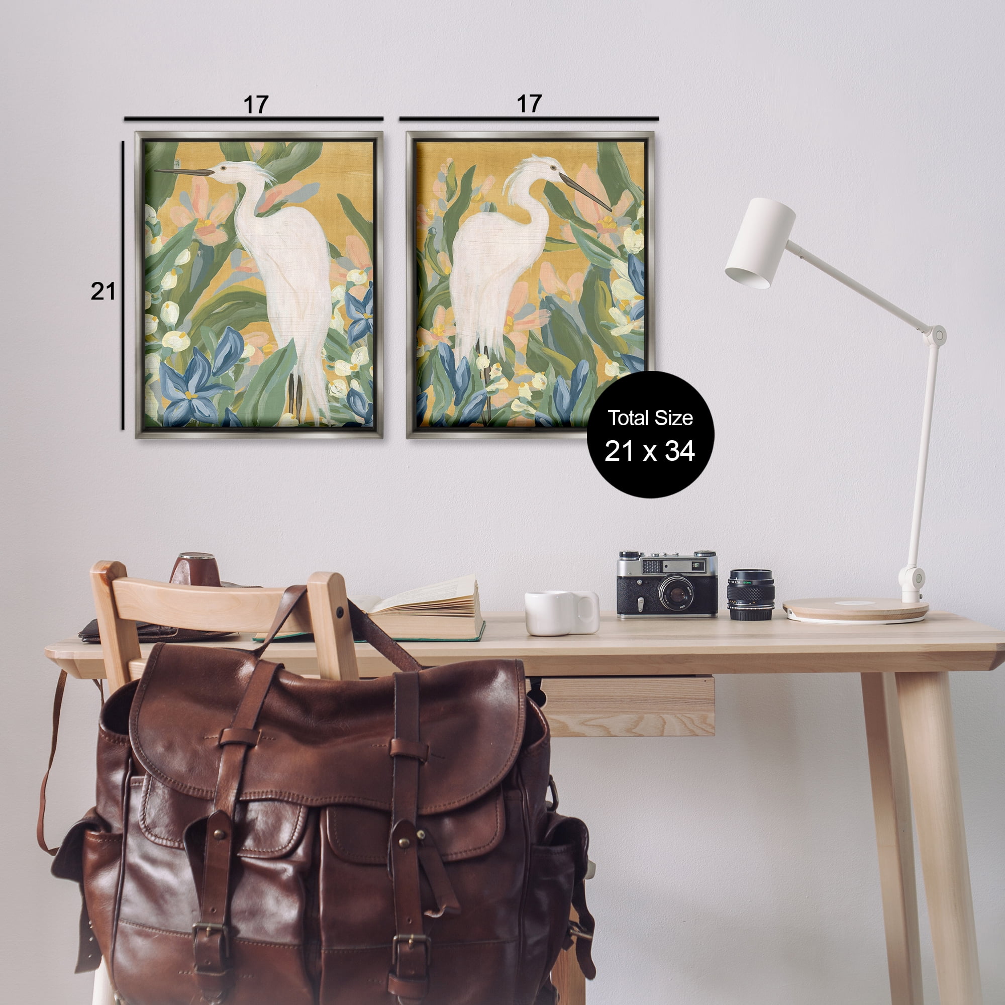 Stupell Industries Great Egret in Blooming Bushes Animals Painting Gray Floater Framed Canvas Art Print Wall Art, 17 x 21, Set of 2