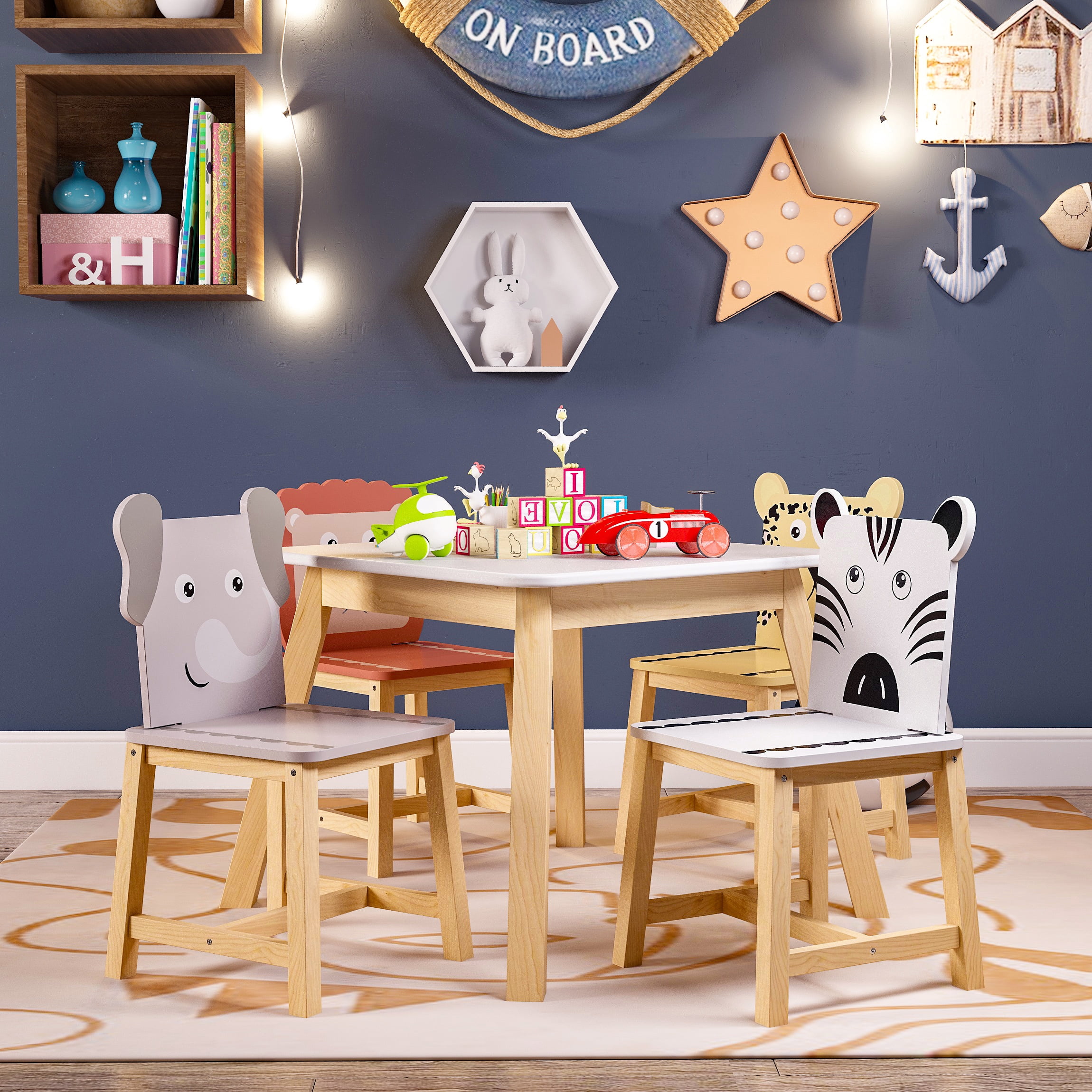 SYNGAR 5 Pieces Kids Table and Chairs Set, Toddlers Wood Activity Table and 4 Cartoon Animals Chairs Set for Arts/Drawing/Reading/Writing/Crafts, Multicolor, D5424