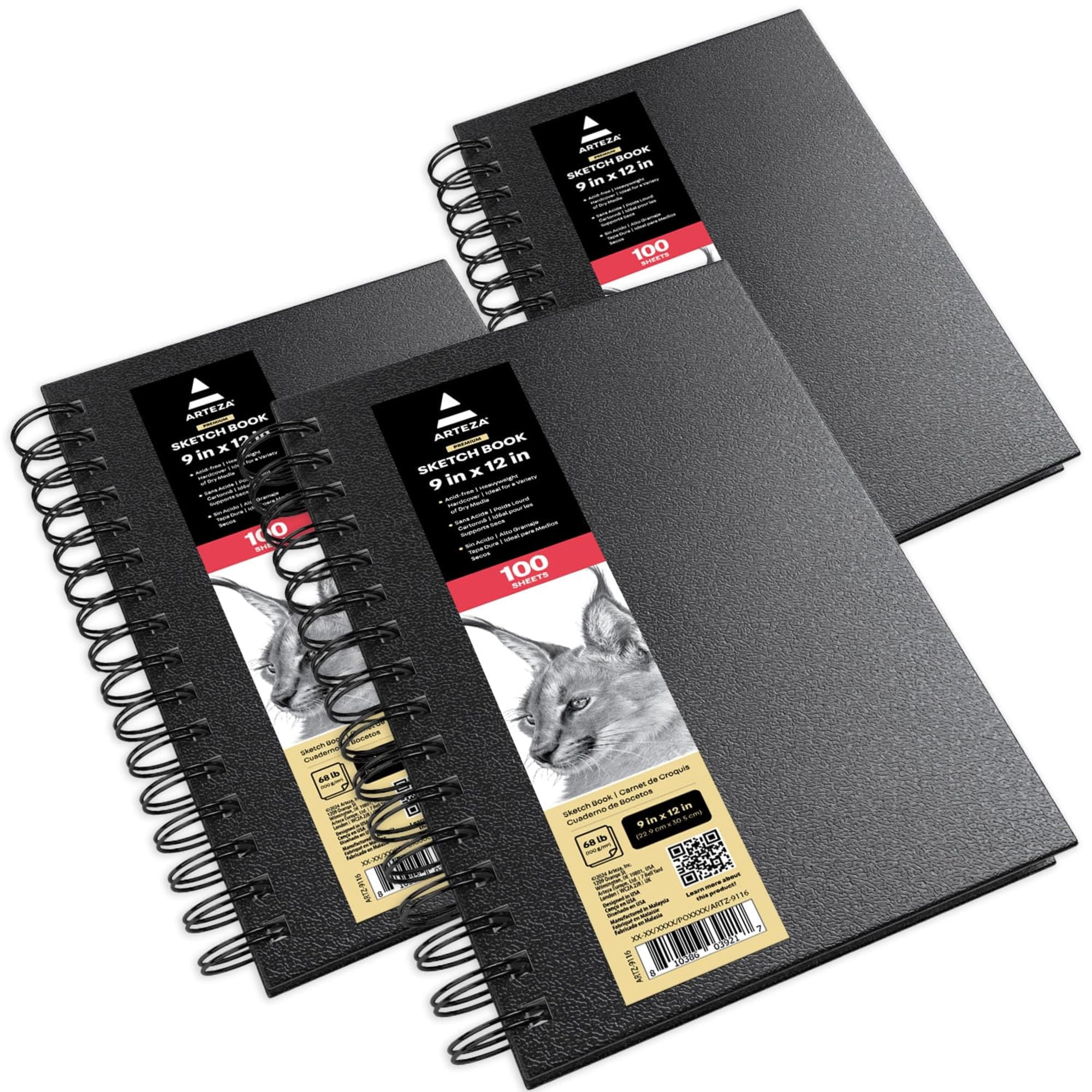 Arteza 5.5" x 8.5" Spiral-Bound Hardcover Sketchbook, 200 Pages, Black, Set of 3