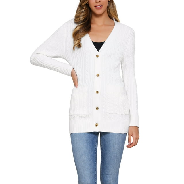 Suéter cárdigan casual INSPIRE CHIC para mujer, tejido trenzado, largo, de moda, para otoño e invierno, color blanco