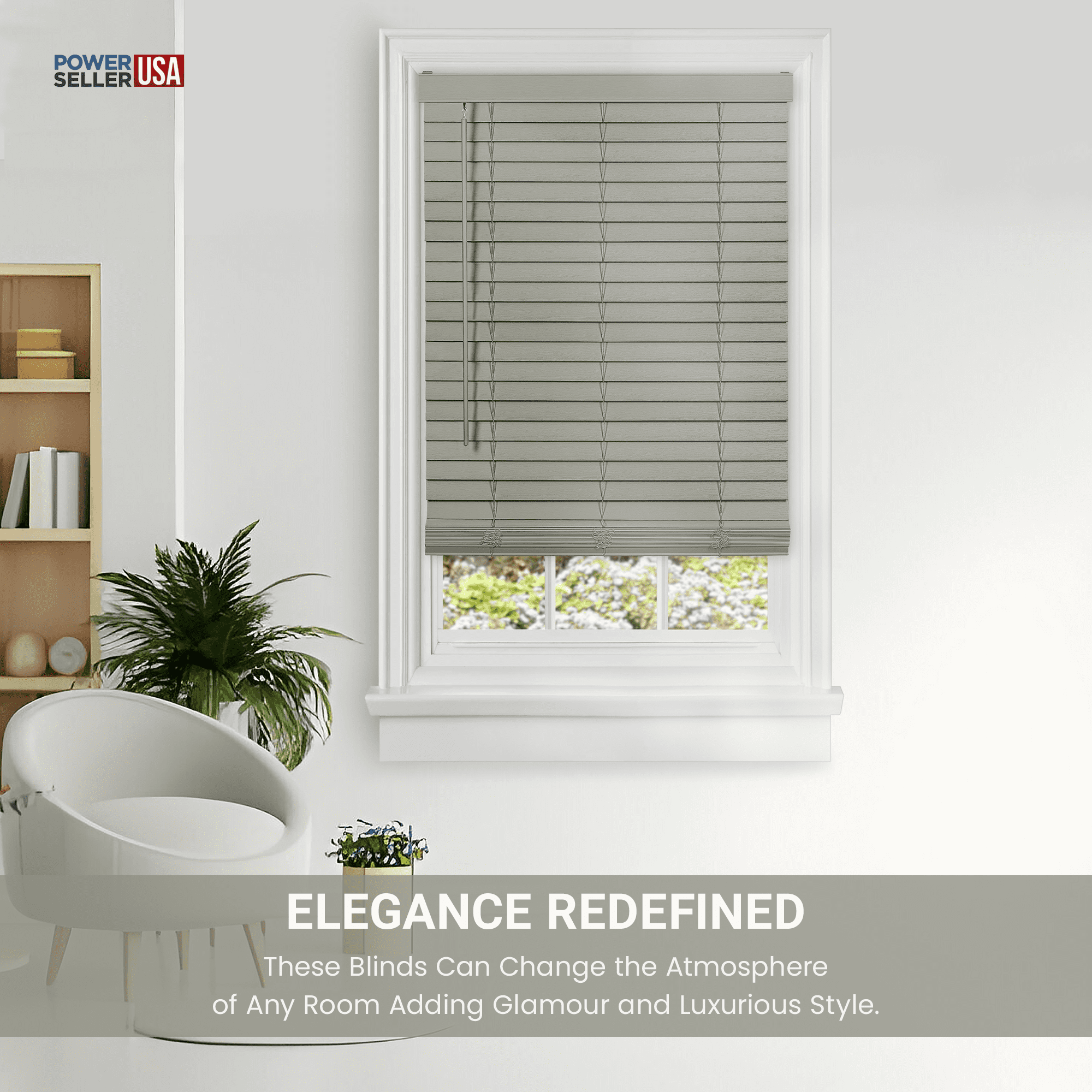 PowerSellerUSA Cordless Window Blinds, Privacy & Room Darkening 2" Slats Faux Wood Mini Blind, Anti-UV Window Treatment, Gray Plantation Blind, 31" Width x 64" Length, (Fits windows 23" - 74")