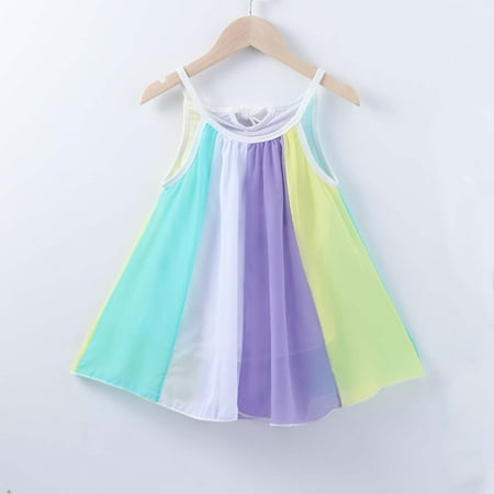 

Leutsin Toddler Kids Baby Girls Summer Rainbow Striped Stitching Dress Princess Dress