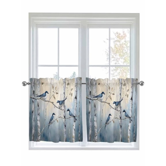 Half Window Curtains 24 Inches Long, Tree Birds Window Treatment Curtain Drapes, Spring Forest Oil Painting Modern Animal Short Curtains Tiers for Kitchen Over Sink, 27.5"x24", 2 Panels