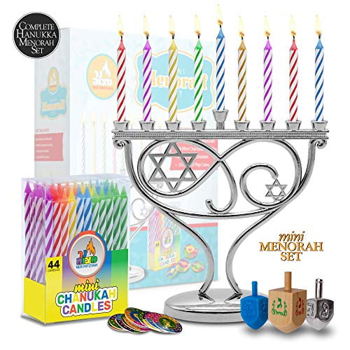 Ner Mitzvah, 4.5" Mini Menorah Kit, Menorah Candles Dreidels Play