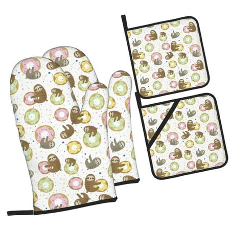 

Zeuib Donut Sloth Oven Mitts and Potholders BBQ Gloves Kitchen Oven Glove High Heat Resistant 500 Degree Extra Long Oven Mitts and Potholder with Non-Slip Silicone Surface for Cooking