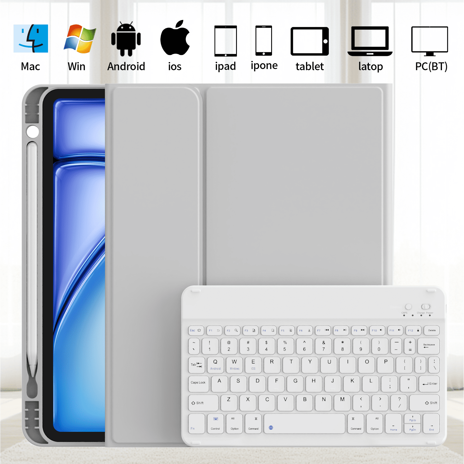 KVTVOU Keyboard Case for iPad Air 11 inch M2/M3 (2024/2025), iPad Air 5th/4th Generation (2022/2020) 10.9 inch, Detachable Wireless Bluetooth Keyboard, Stand Folio Cover with Pencil Holder, Gray
