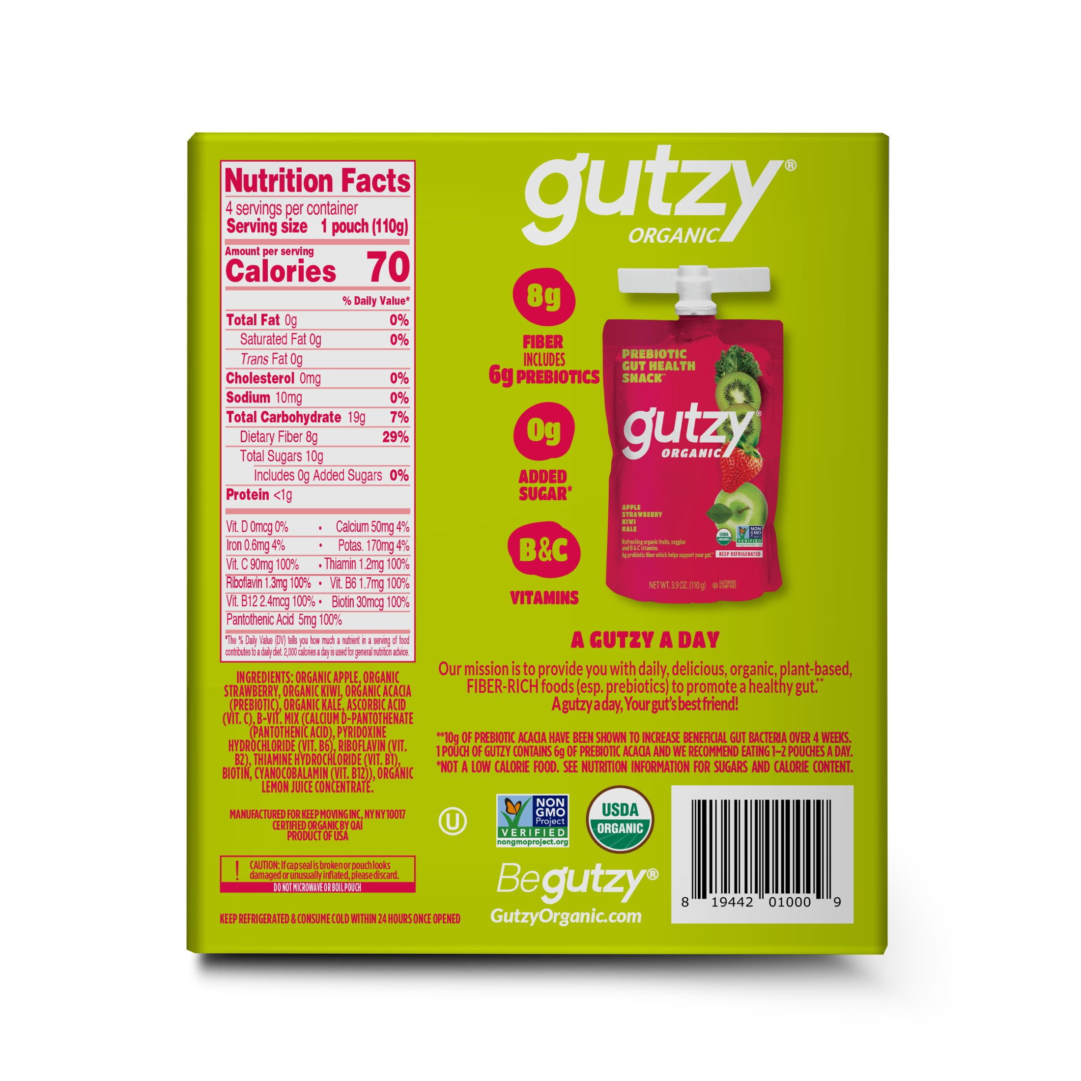Gutzy Organic Strawberry Kiwi Kale Fruit and Veggie Pouch Snack – 4 Pack, Smooth & Family-Friendly