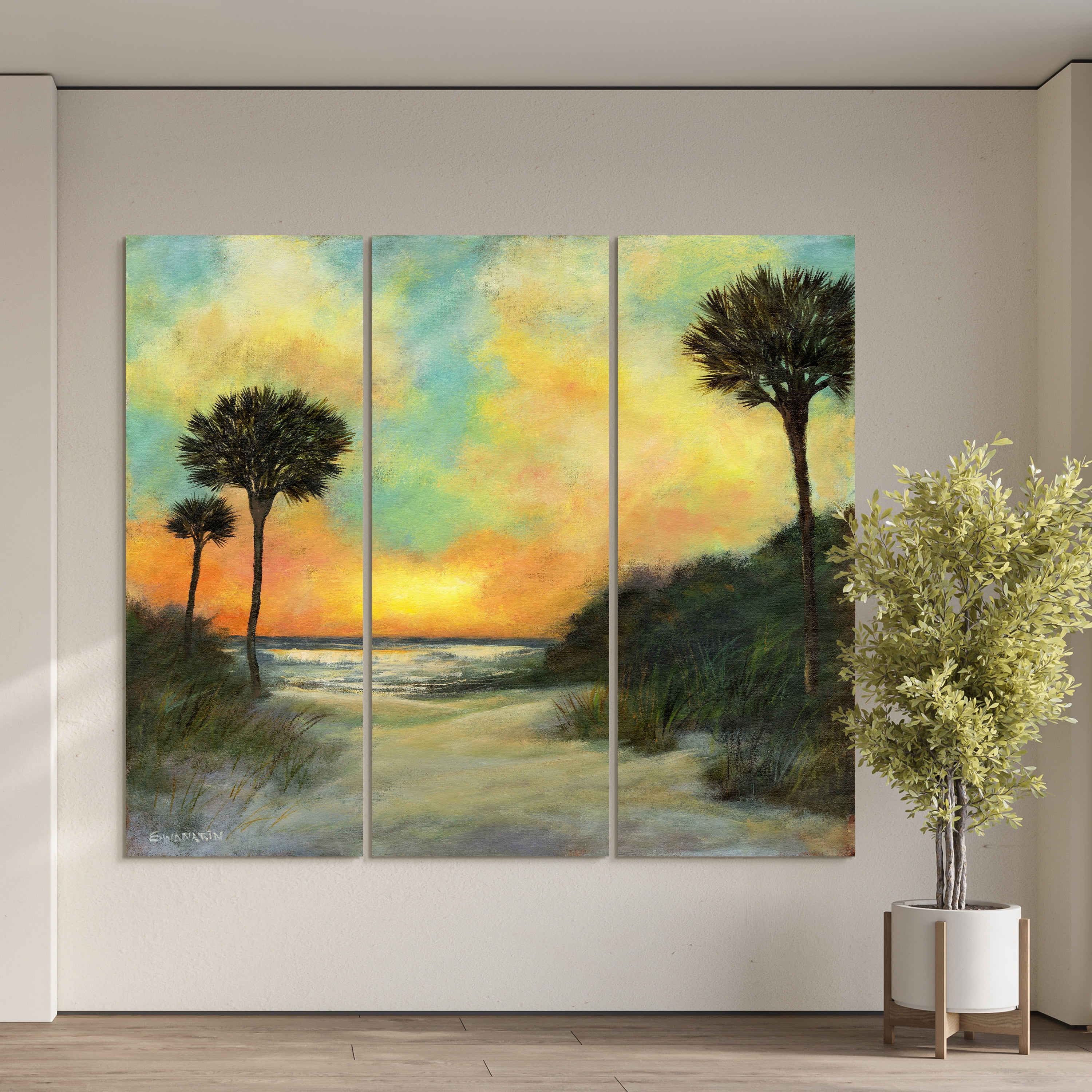 "Seaside Sunset" Frameless Free Floating Reverse Printed Tempered Art Glass Wall Art