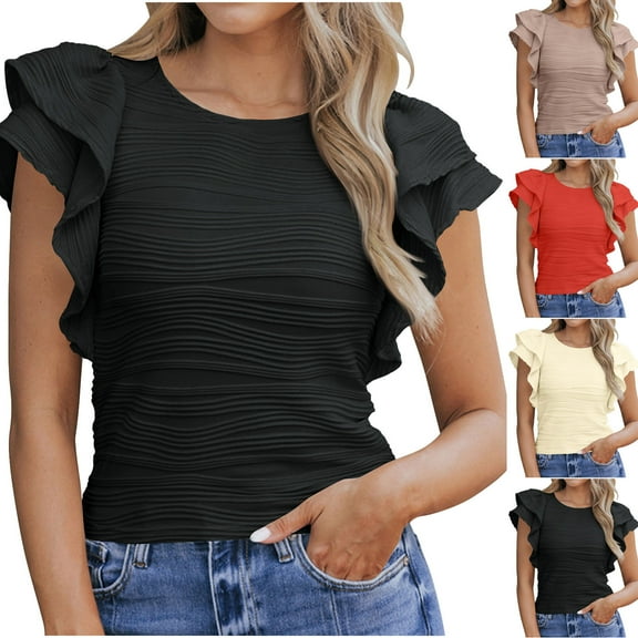 Inverlee Blouses for Women Boho Ruffle Short Sleeve Tops Trendy Loose Fit Solid Color Shirts Flowy Vacation Tunic Top