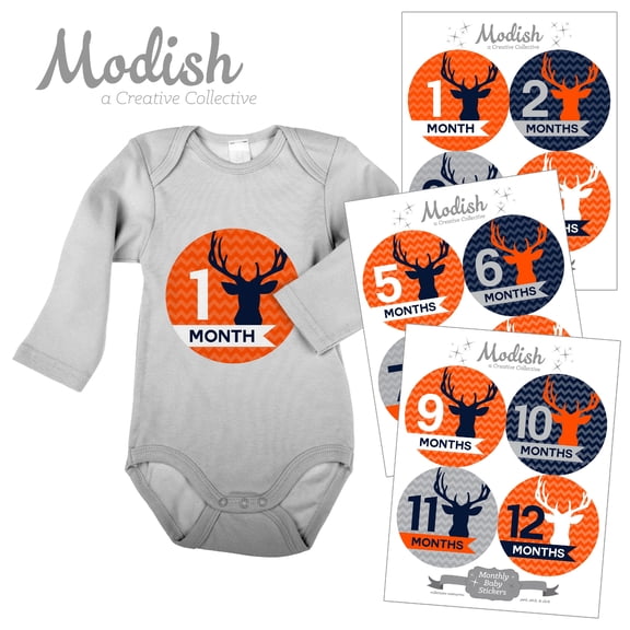 Monthly Baby Stickers, Boy, Deer, Antlers, Woodland, Orange, Navy Blue, Baby Photo Prop, Baby Shower Gift, Baby Book Keepsake, Modish Labels
