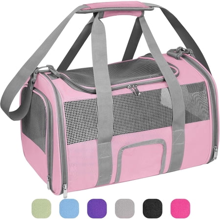 Soft-Sided Cat Carrier for Pets Up to 15lbs Airline Approved Under-Seat Travel with Collapsible Bowl Breathable Mesh Pink-Grey