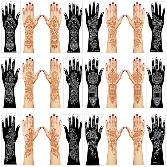 Kit de plantilla de tatuaje de henna, 12 hojas de pegatinas para tatuaje de henna, mano, antebrazo, aerógrafo con purpurina, plantilla de tatuaje DIY, pegatinas de tatuaje temporales indios grandes